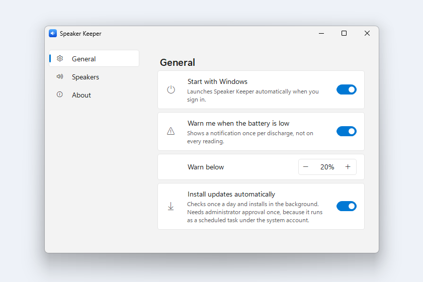 The General page: start with Windows, warn me when the battery is low, and install updates automatically.