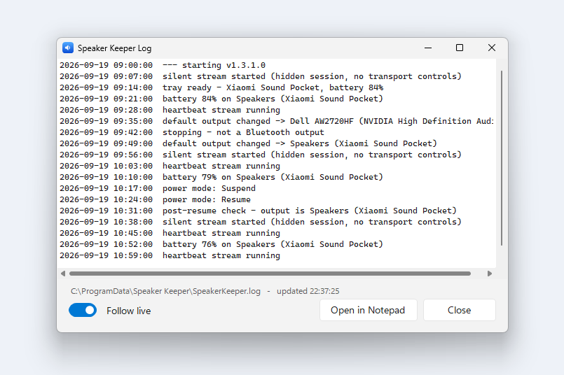 The activity log, showing timestamped lines for every stream start, device change and battery reading.