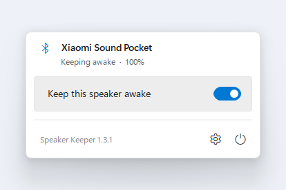 The Speaker Keeper panel: the connected Bluetooth speaker, a switch to keep it awake, and its battery.