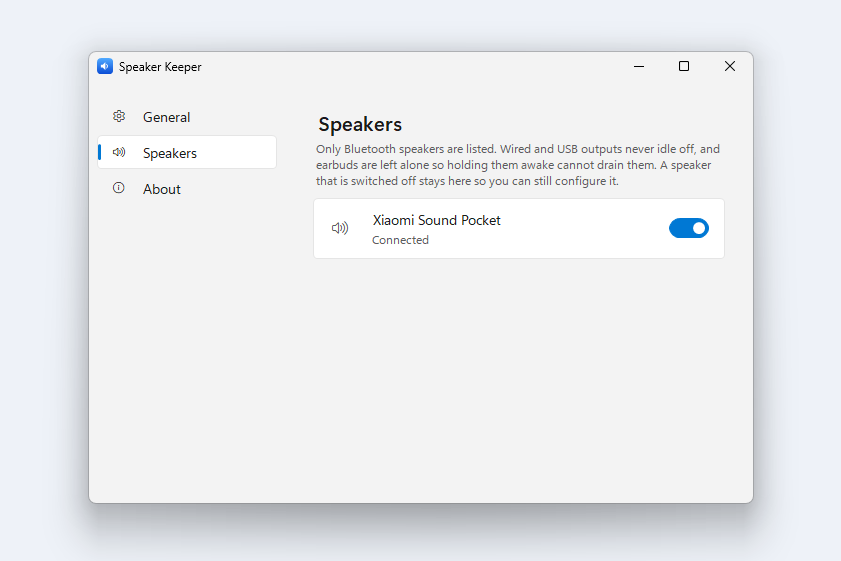 The Speakers page, listing the Bluetooth speakers Speaker Keeper knows about, each with its own switch.